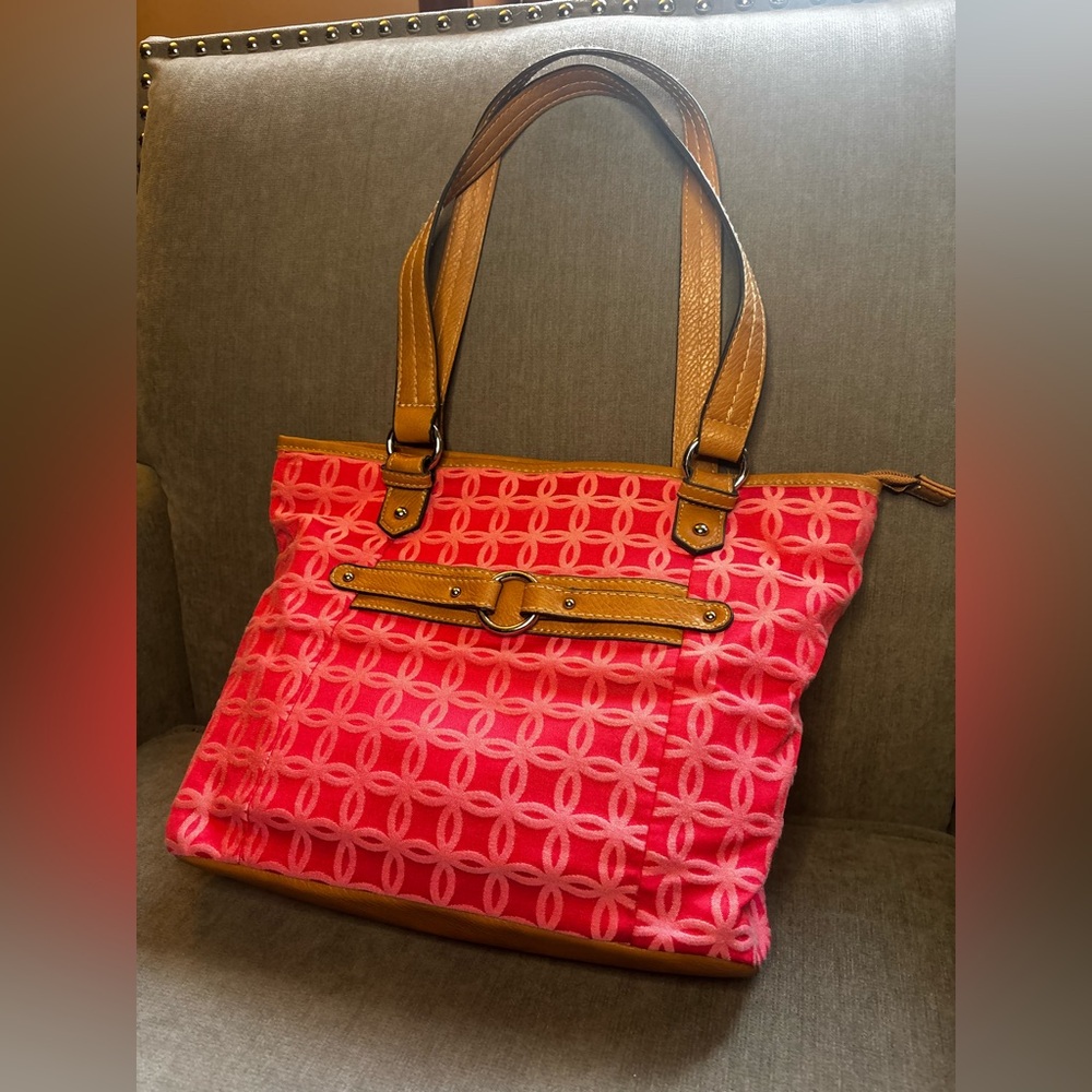 Croft & Barrow Coral Pink Jacquard Pattern Tote EUC - Picture 9 of 16